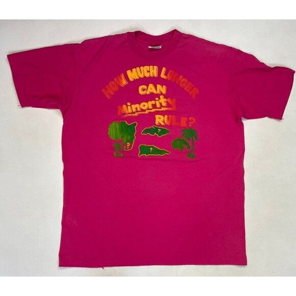 VINTAGE How Much Longer Can Minority Rule T-shirt Men XL Pink 90s Single Stitch - Picture 1 of 12